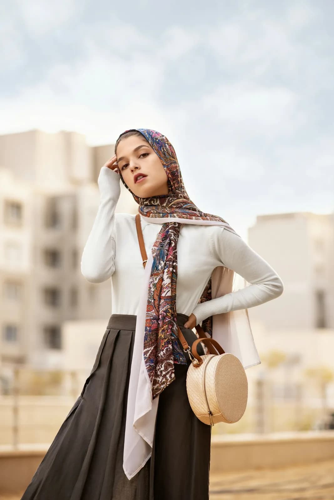 Charcoal maxi skirt with white top and printed silk scarf