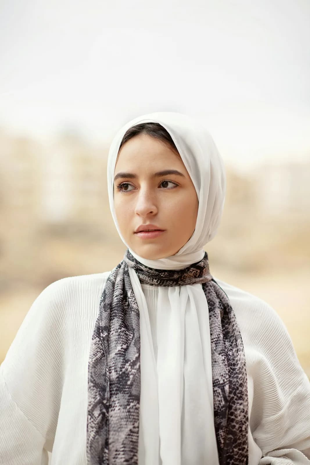 Ivory chiffon hijab, front-facing portrait